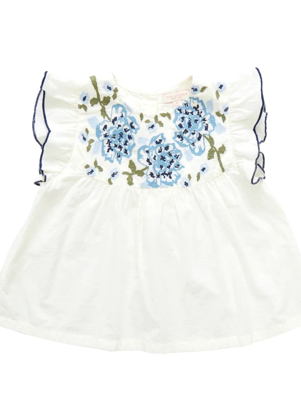 Pink Chicken White Top with Blue Floral Embroidery